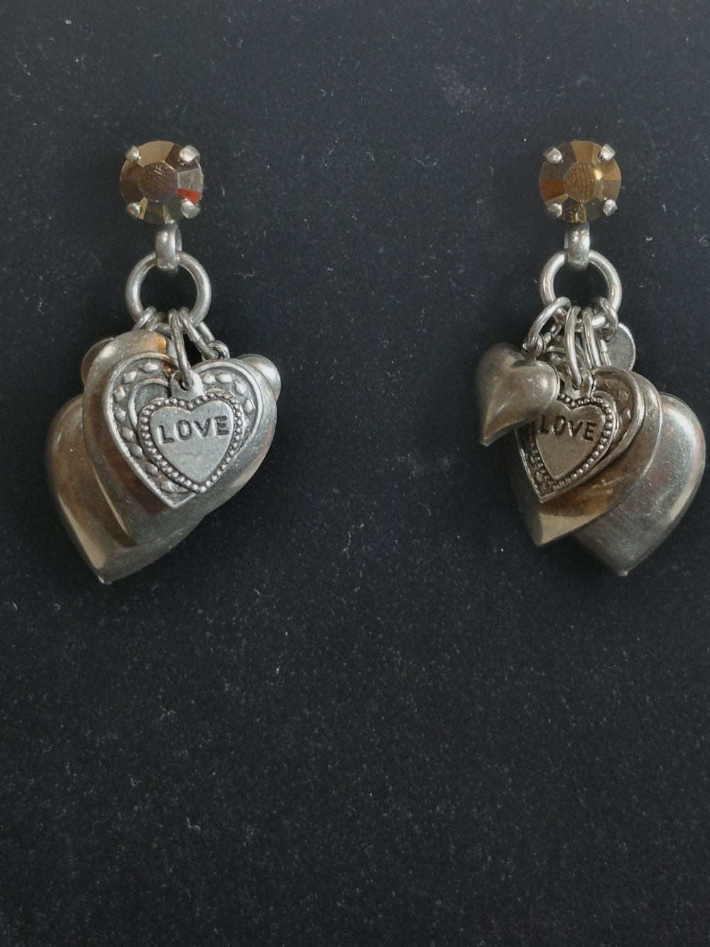 Vintage Fossil Heart Charm Drop Earrings Silver Y2K Glitz